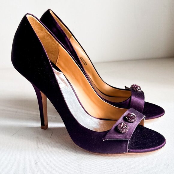 Badgley Mischka Purple Satin Rhinestine Open Toe Heels 7
